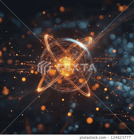 Atom with rotating electrons, energy and matter concept background 124823777