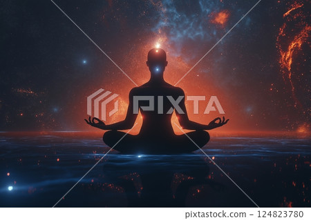 Glowing human in lotus yoga pose 124823780