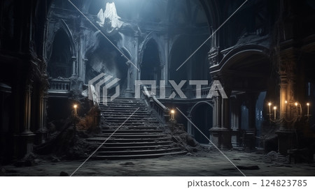 A rustic cabin interior on a foggy night with a warm fireplace and sparse furnishings 124823785