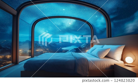 Bedroom with transparent ceiling featuring a starry night view 124823820
