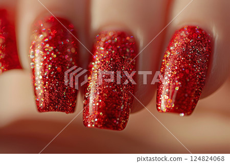 Close-up of nails with red glitter manicure 124824068