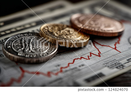 Currency coins on financial stock chart background 124824070