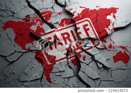 Global trade war concept with cracked world map and tariff stamp 124824073
