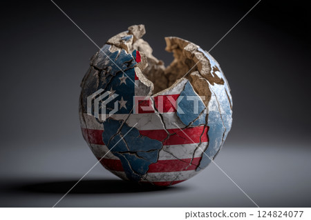 Cracked Earth Model Painted with American Flag, Global Crisis 124824077