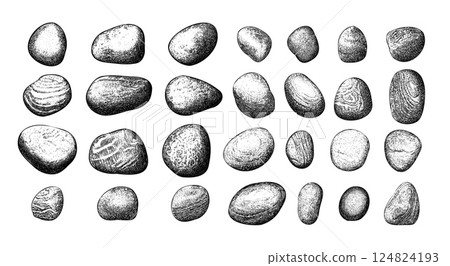 Stones rocks engraving vector set. Boulders granite pebble gravel stone piles, mineral heavy rubble nature cobblestones, retro hand drawn vintage black monochrome isolated illustrations 124824193