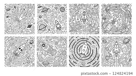 Space rocket labyrinth outline vector set. Tangled planets galaxy vessel linear maze solar system must find road route, kids game way puzzle concepts isolated on white background 124824194