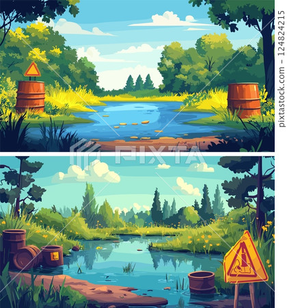 Poison toxic pollution lake with warning signs cartoon concepts. Pond swamp alerts hazard pointers warnings metal waste barrels, eco environmental contamination crisis disaster vector illustrations 124824215