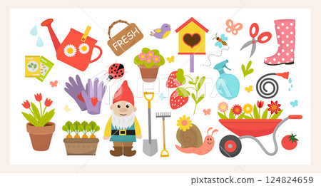 Gardening and Spring set, hand drawn flat elements flowers, houses, birds, insect and gnome. Vector illustration. 124824659