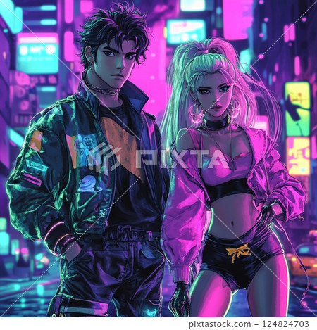 Retro Cyberpunk Anime Couple in Neon City. AI Generated Illustration 124824703