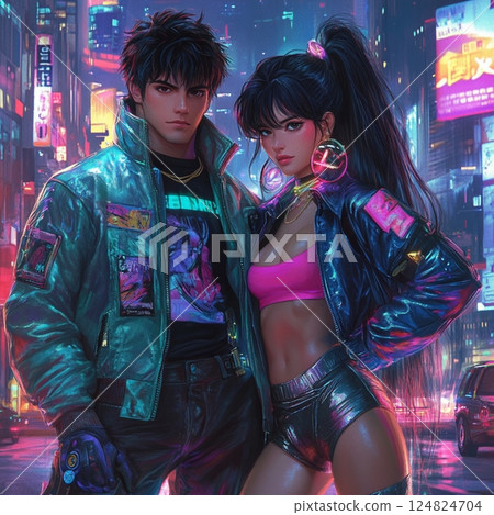 Retro Cyberpunk Anime Couple in Neon City. AI Generated Illustration 124824704