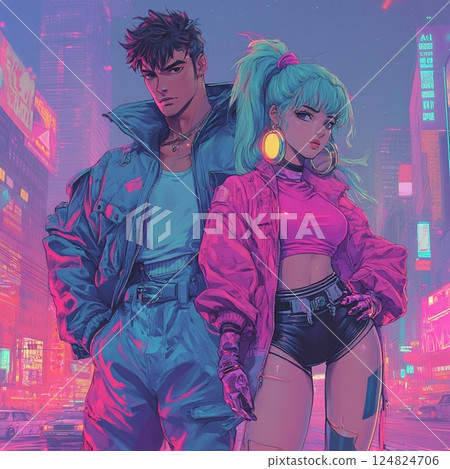 Retro Cyberpunk Anime Couple in Neon City. AI Generated Illustration 124824706