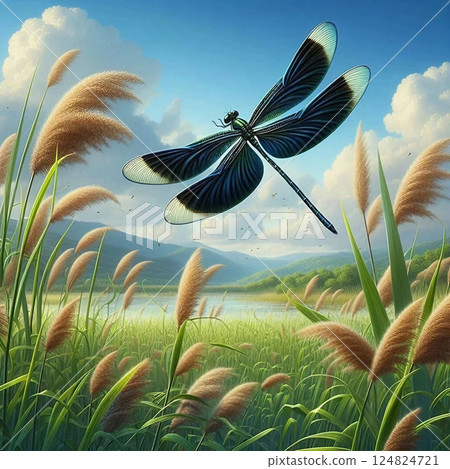 A dragonfly flying among the reeds 124824721