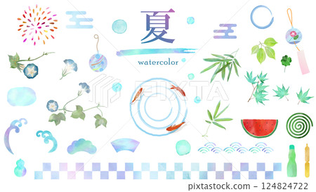 Summer Japanese-style watercolor illustration material set: white background, icons, Japanese patterns, morning glory, goldfish, watermelon, Ramune, fireworks, waves, wind chimes 124824722