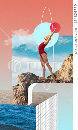 Confident woman in red swimsuit raising arms on rocky cliff with abstract sphere and sea levels stacked below. Contemporary art collage. 124824729