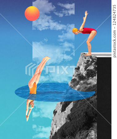 Woman in red swimsuit diving from rocky cliff into oval pool floating in sky, against abstract summer background. Contemporary art collage. 124824735