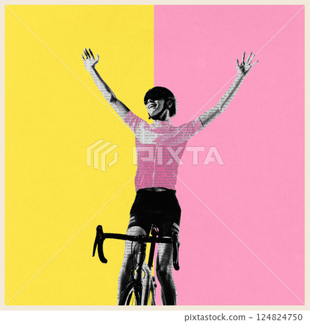 Conceptual art collage. Cyclist celebrating with wide arms against pink and yellow background. Strong finish. Champion energy. Conceptual art collage. Cyclist celebrating with wide arms against pink and yellow background. Strong finish. Champion energy. 124824750