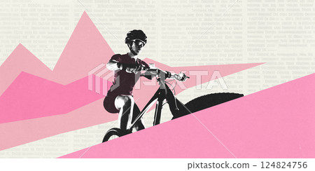 Conceptual art collage. Close-up cyclist in pink abstract landscape. Forceful movement. Emotional speed. Energy push. Conceptual art collage. Close-up cyclist in pink abstract landscape. Forceful movement. Emotional speed. Energy push. 124824756