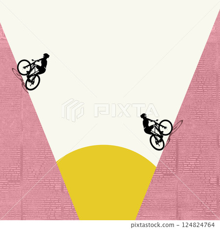 Conceptual art collage. Cyclists racing on mirrored slopes. Graphic landscape. Hard shadows. Tension and speed. Training rhythm. Rivalry. Elevation. Conceptual art collage. Cyclists racing on mirrored slopes. Graphic landscape. Hard shadows. Tension and speed. Training rhythm. Rivalry. Elevation. 124824764