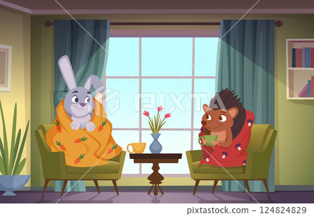 Animals in blankets. Cozy plaids for funny happy animals in cartoon style exact vector template background 124824829