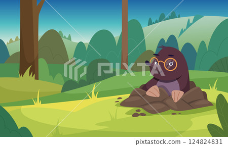 Mole. Background with wild animal mole lifestyle exact vector cartoon template 124824831