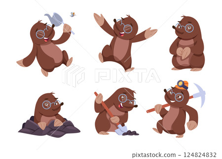 Mole animal. Cartoon mascot wild mole animal in action poses walking jumping working exact vector character 124824832