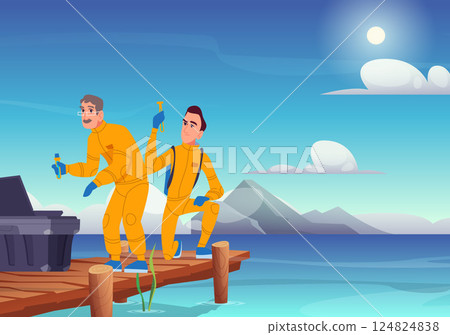 Water sample. scientists in professional costumes standing on bridge and taking water probe 124824838