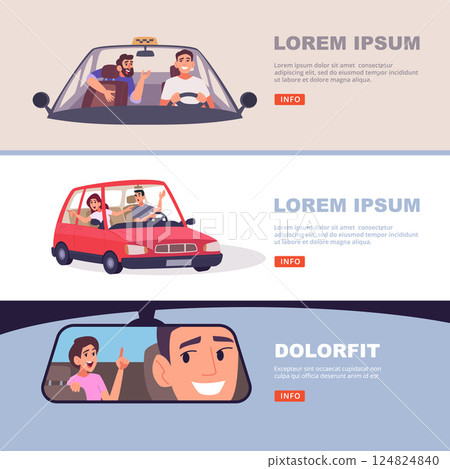 Talk in car. characters talking with driver. vector banners set 124824840