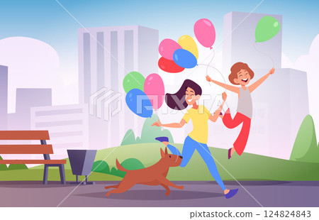 People with balloons. happy characters walking in city with balloons. vector background 124824843