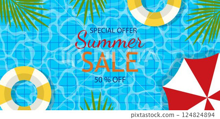 Summer Sale Poster and Banner Template on Tile Pool Water. 124824894