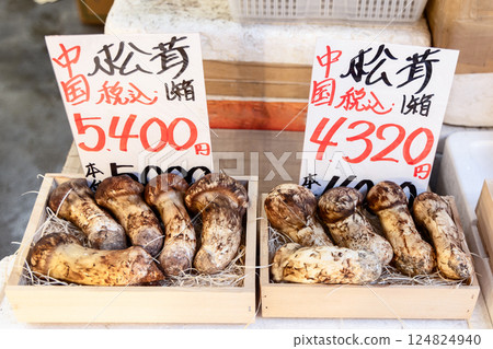 Premium matsutake mushrooms displayed in wooden boxes at a Tokyo market 124824940