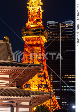 Close-up night view of Tokyo Tower glowing in golden light beside the wooden roof of Zojo-ji Temple Close-up night view of Tokyo Tower glowing in golden light beside the wooden roof of Zojo-ji Temple 124824954