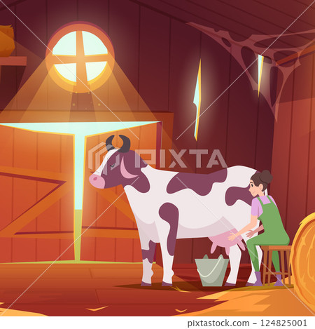 Milking cow. female farmer sitting and milking cow 124825001