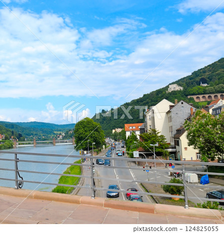 The city of Carlsberg, the embankment of the river Neckar. View from the bridge. The city of Carlsberg, the embankment of the river Neckar. View from the bridge. 124825055