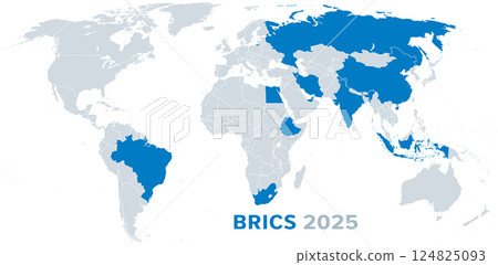 BRICS member states 2025, political map. Organization compromising 10 countries as of January 6, 2025. BRICS are initial letters of first member states Brazil, Russia, India, China, and South Africa. BRICS member states 2025, political map. Organization compromising 10 countries as of January 6, 2025. BRICS are initial letters of first member states Brazil, Russia, India, China, and South Africa. 124825093