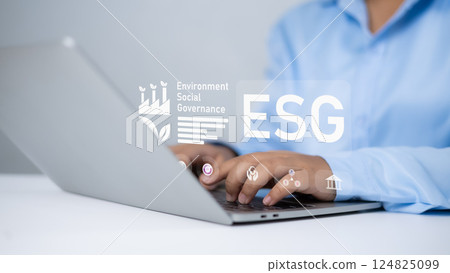 ESG environmental social governance investment business concept, Woman using laptop to analyze ESG on screen in business investment strategy concept, Environmental and business growth together. ESG environmental social governance investment business concept, Woman using laptop to analyze ESG on screen in business investment strategy concept, Environmental and business growth together. 124825099