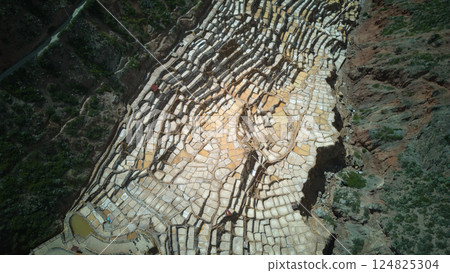 Aerial view of the salt fields of Maras | A spectacular geometric view across the Andes Aerial view of the salt fields of Maras | A spectacular geometric view across the Andes 124825304