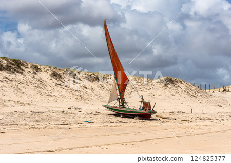 Fisherboats at Canoa Quebrada Beach at Aracati in Ceara, Brazil. Bay Coastline 124825377