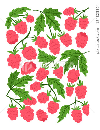 Bright poster illustration of pink raspberries with green leaves scattered on a white background. Symbolizes summer harvest, organic food and natural freshness in a cheerful botanical design Bright poster illustration of pink raspberries with green leaves scattered on a white background. Symbolizes summer harvest, organic food and natural freshness in a cheerful botanical design 124825594
