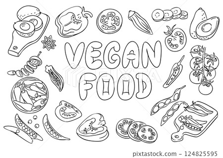 Hand drawn vegan food coloring page with outlined vegetables, fruits and Vegan food lettering. Promotes healthy lifestyle, plant-based diet and fun educational activity in a doodle style Hand drawn vegan food coloring page with outlined vegetables, fruits and Vegan food lettering. Promotes healthy lifestyle, plant-based diet and fun educational activity in a doodle style 124825595
