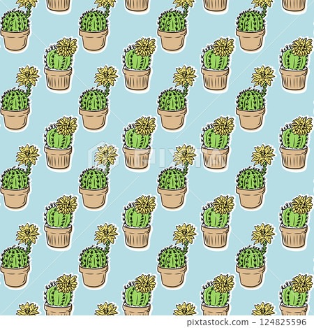Seamless pattern with hand drawn blooming cacti in pots on a light blue background. Represents nature, home decor and botanical charm with a playful and decorative style 124825596