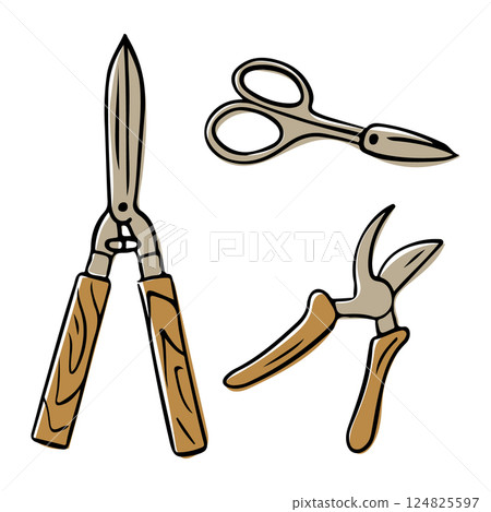 Set of hand drawn gardening and craft scissors including pruning shears, hedge clippers and small scissors. Represents gardening, craftsmanship and home improvement in vintage tool illustration style Set of hand drawn gardening and craft scissors including pruning shears, hedge clippers and small scissors. Represents gardening, craftsmanship and home improvement in vintage tool illustration style 124825597