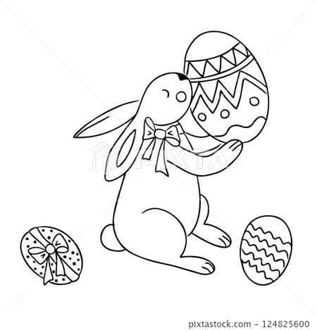 Cute Easter bunny holding a decorated egg with a ribbon around its neck, surrounded by more patterned eggs. Represents spring celebration, Easter traditions and festive joy in charming line art style 124825600