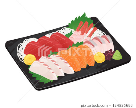 Illustration of assorted sashimi served on a plate Illustration of assorted sashimi served on a plate 124825693