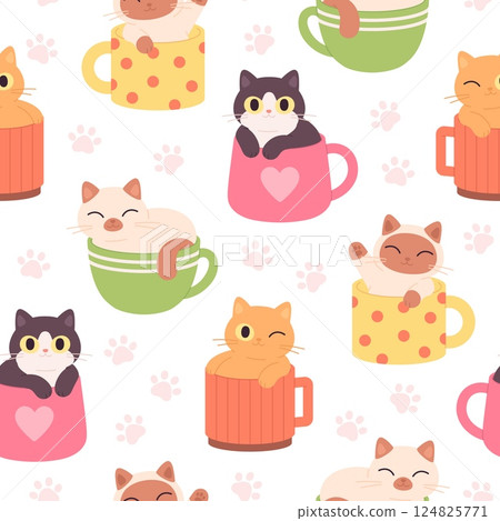 Cups with funny cats. Cartoon adorable kittens seamless pattern. Funny print design for fabric, wallpaper, wrapping. Racy vector decorative background Cups with funny cats. Cartoon adorable kittens seamless pattern. Funny print design for fabric, wallpaper, wrapping. Racy vector decorative background 124825771