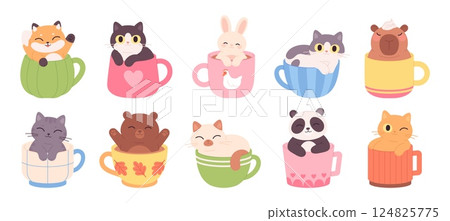 Animals in coffee cups. Cats, bunny bear fox panda and capybara sitting inside mugs for hot beverages. Funny cartoon animal, kawaii racy vector characters Animals in coffee cups. Cats, bunny bear fox panda and capybara sitting inside mugs for hot beverages. Funny cartoon animal, kawaii racy vector characters 124825775
