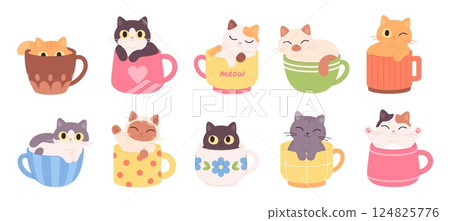 Cats in cups. Funny cat inside coffee cocoa or tea mug. Kawaii cartoon kittens, adorable fluffy fatty pets resting. Sweet drinks, beverages racy vector set Cats in cups. Funny cat inside coffee cocoa or tea mug. Kawaii cartoon kittens, adorable fluffy fatty pets resting. Sweet drinks, beverages racy vector set 124825776