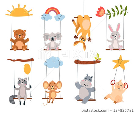 Funny animals on swings. Kangaroo pig bunny raccoon and koala riding swing. Cartoon wild animal have fun, children mascots, cute characters classy vector bundle 124825781