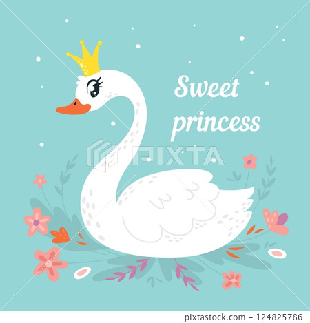 Princess swan print. Adorable white swan with golden crown. Cartoon lake bird with flowers. Decorative cute girly print, wedding decor, classy vector character 124825786