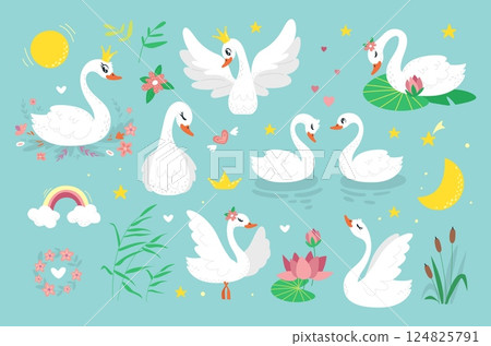 White swan princess. Cartoon swans in gold crown, with flower wreath. Fairytale beautiful birds on lake or pond, nature plant elements, classy vector set White swan princess. Cartoon swans in gold crown, with flower wreath. Fairytale beautiful birds on lake or pond, nature plant elements, classy vector set 124825791