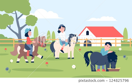 Kids riding horses on farm. Children caring and ride ponies, equestrian training or walking. Happy childhood on nature, communicate with animals recent vector scene Kids riding horses on farm. Children caring and ride ponies, equestrian training or walking. Happy childhood on nature, communicate with animals recent vector scene 124825796